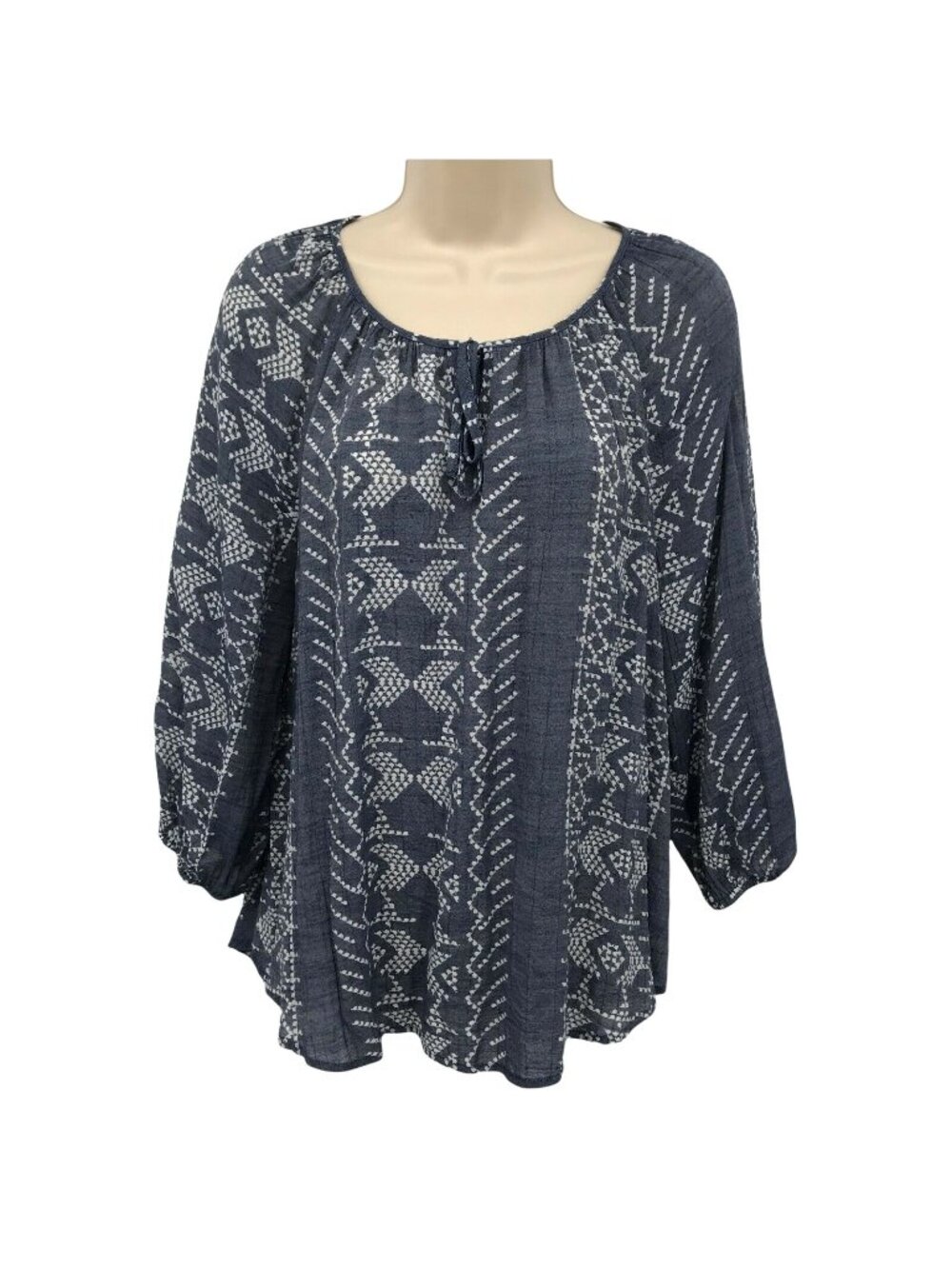 Fred David Womens Blue & White Boho Print Peasant Blouse With 3/4 Sleeves Size M